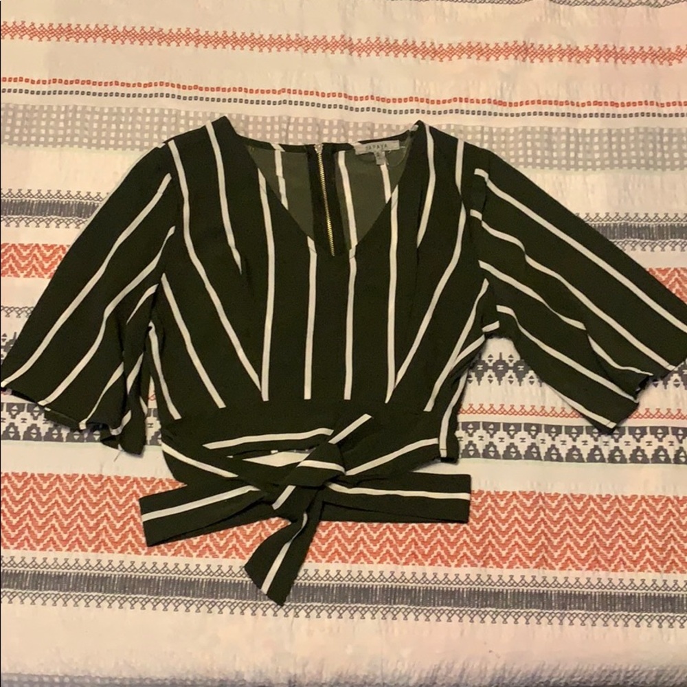 Army green striped cropped blouse